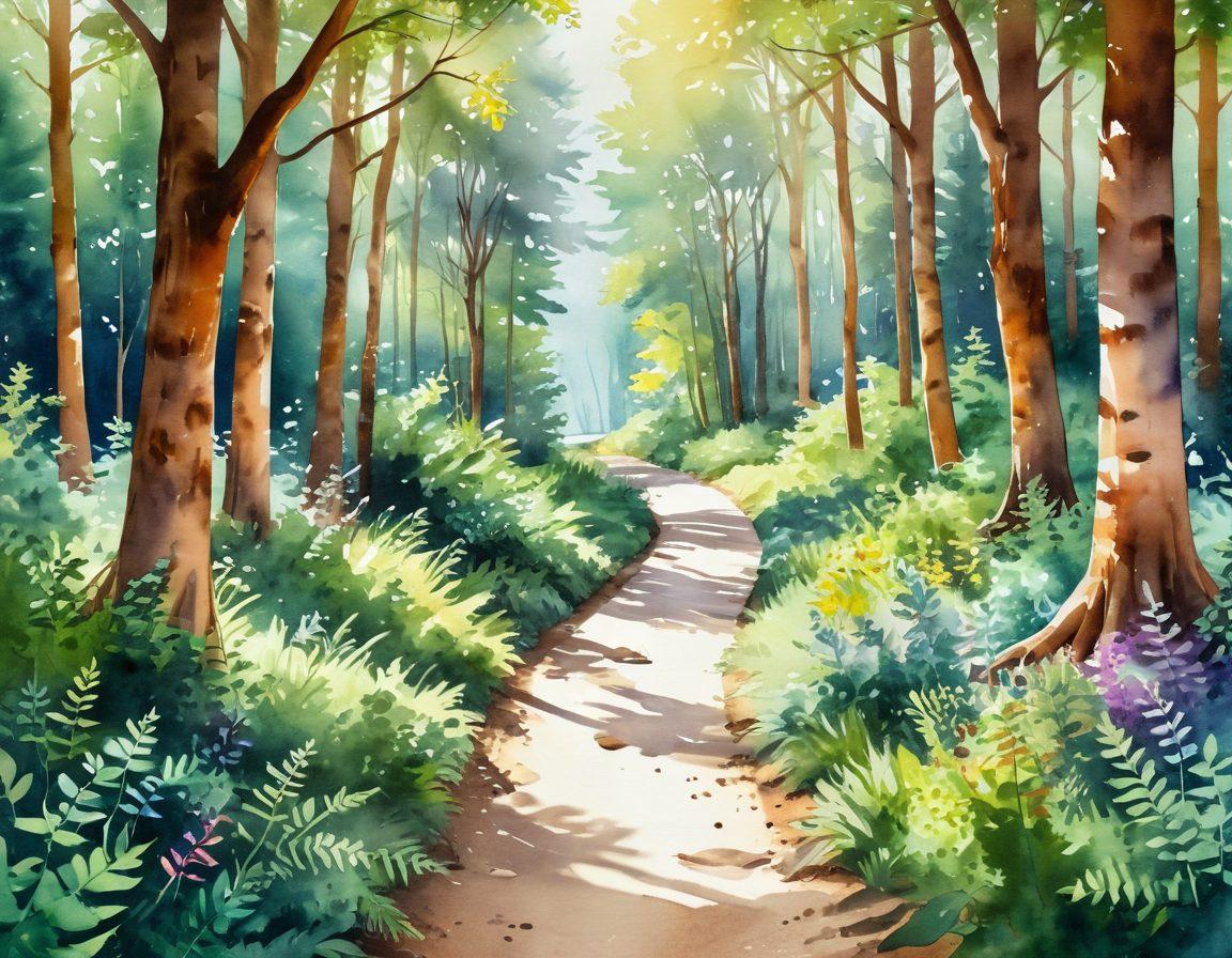 A serene pathway leading through a lush forest, symbolizing a journey towards health and empowerment. Vibrant illustrations of diverse individuals engaging in various wellness activities, such as yoga, meditation, and healthy cooking. Soft sunlight filtering through the trees creates a warm and inviting atmosphere. Incorporate visual elements representing prevention and treatment, like medical symbols subtly integrated into nature. watercolor painting. vibrant colors.
