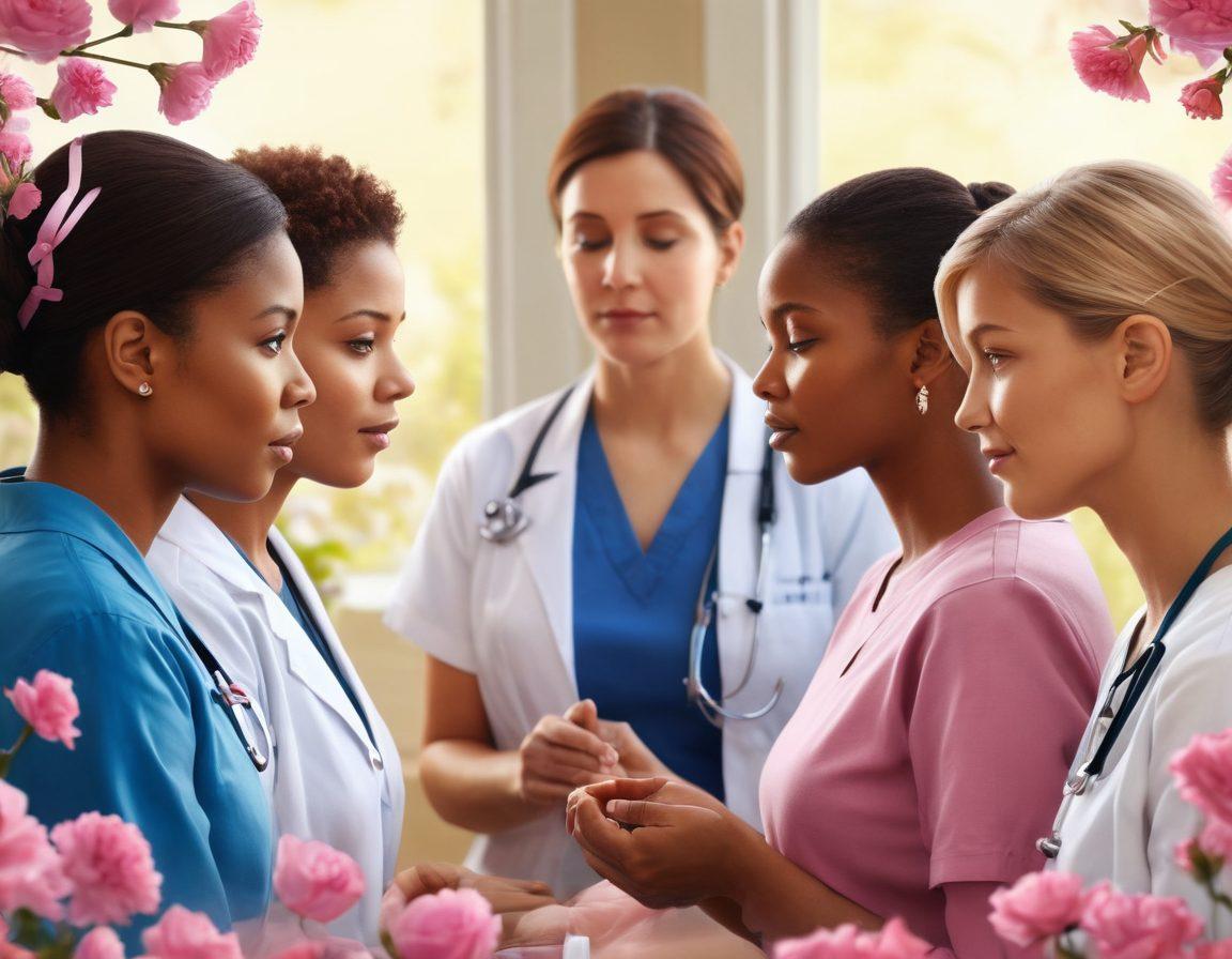 A serene and empowering scene depicting a diverse group of individuals engaged in a supportive discussion about cancer awareness. In the background, symbols of hope such as ribbons and blooming flowers represent strength and healing. Incorporate elements of medical strategy, like charts and brochures, subtly placed around them. The atmosphere should evoke warmth and determination, inspiring viewers. vibrant colors. super-realistic.