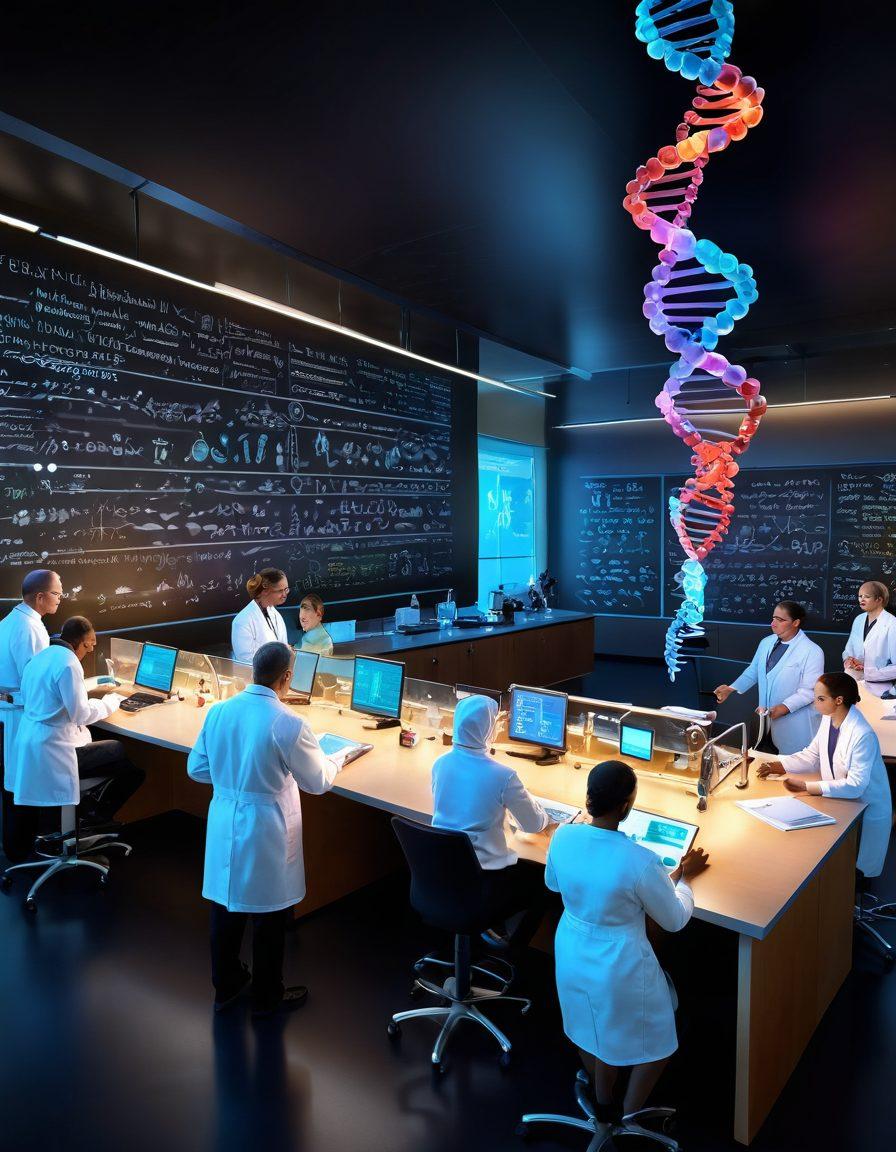 A vibrant scene depicting a diverse group of researchers enthusiastically collaborating in a modern lab, surrounded by cutting-edge technology and cancer research samples. In the background, a chalkboard filled with groundbreaking discoveries and a glowing model of a DNA helix symbolizes hope and innovation. Include warm lighting to create an inspiring atmosphere. super-realistic. vibrant colors. 3D.